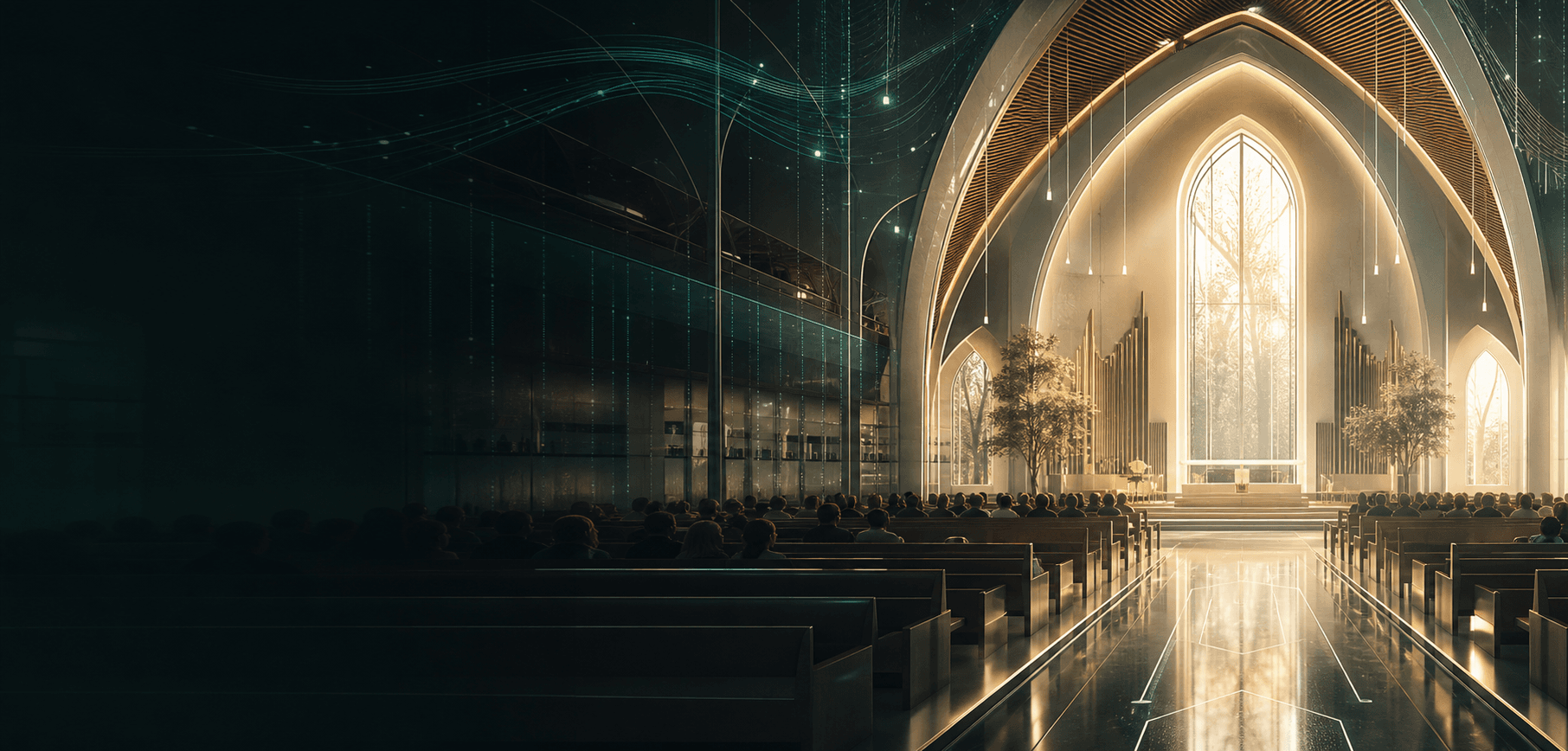 A luminous future sanctuary representing the Elar Life church experience